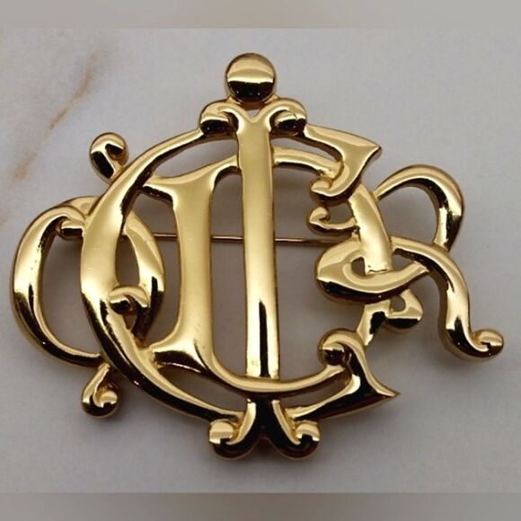 Christian Dior Vintage Gold Script Brooch Authentic - Picture 5 of 11